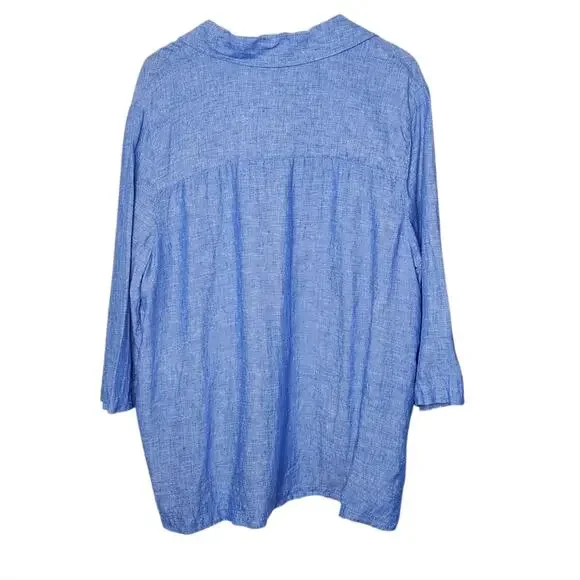 Tahari Blue Linen 3/4 Sleeve Top Women's Size 1X - Picture 3 of 5